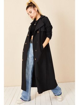 Şal Yaka Düğmeli Siyah Trençkot