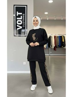 Yandan Leopar Şeritli Pantolonlu İkili Siyah Takım