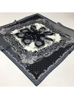 Barok Desen Gold Seri Twill Askısı İle Birlikte 90x90 Cm Antrasit Siyah Krem Eşarp