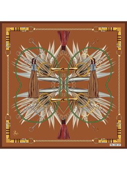 Kemerli Püsküllü Desen Black Seri Twill Askısı İle Birlikte 90x90 Cm Taba Eşarp