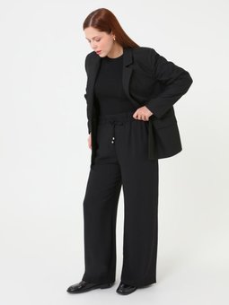 Büzgülü Bağcıklı Büyük Beden Siyah Pantolon