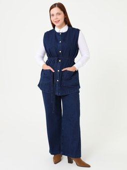 Denim Cep Detaylı Yelek & Pantolon Büyük Beden Koyu Lacivert Takım