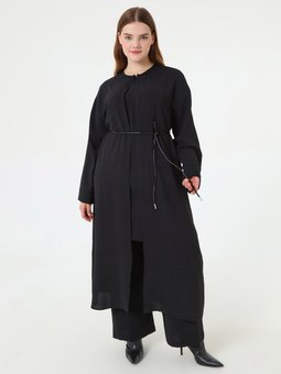 Deri Kemer Detaylı Bluz Pantolon & Kap Üçlü Büyük Beden Siyah Takım