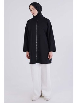 Fermuarlı Kolej Yakalı Ceket Siyah