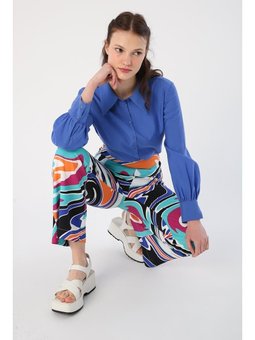 İspanyol Paça Beli Lastikli Desenli Viskon Pantolon Turkuaz Turuncu