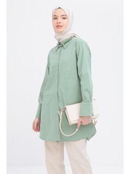 Manşeti Yırtmaç Detaylı Poplin Gömlek Mint