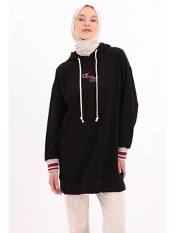 Nakışlı Manşeti Ribanalı Sweat Tunik Siyah