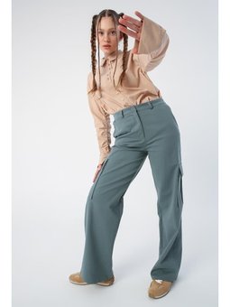 Pamuklu Kargo Cepli Bol Paça Pantolon Pastel Yeşili