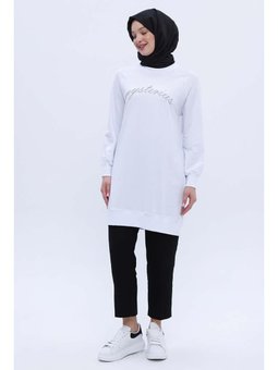 Pamuklu Reglan Kol Zincir Nakışlı Sweat Tunik Beyaz