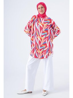 Piliseli Emprime Desenli Rahat Kalıp Tunik Pembe Beyaz