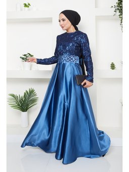 Giyim Moda Dantelli Saten Abiye Elbise İndigo