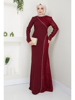 Giyim Moda Simli Dantelli Balık Abiye Elbise Bordo