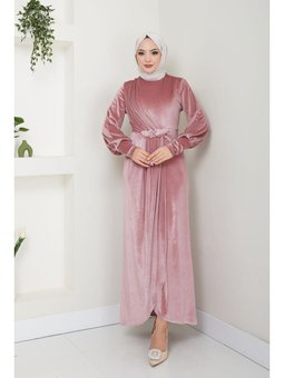 Giyim Moda Taş Tokalı Kadife Abiye Elbise Gül