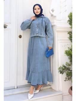 Düğmeli Ceketli Etekli Mavi Kot Takım