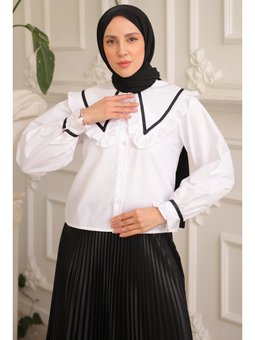 Geniş Yaka Kısa Gömlek Beyaz