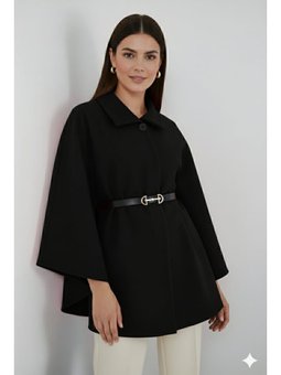 Kemerli Kaşe Siyah Panço