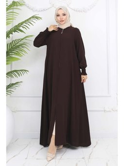 Kolları Gipeli Fermuarlı Kahverengi Ferace