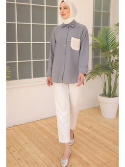 Nakış Detaylı Cepli Gömlek Gri