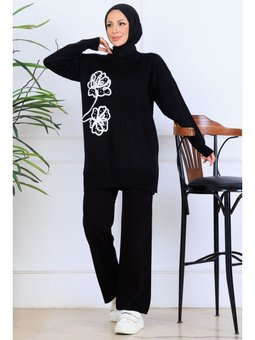Nakış İşleme Detaylı Triko Siyah Takım