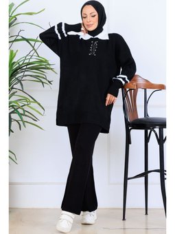 Taş İşlemeli Triko Siyah Takım
