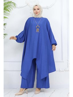 Uzun Tunikli Salaş İkili Saks Takım Mavisi