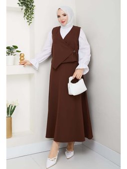 Yandan Bağlamalı Yelekli Kahverengi Takım