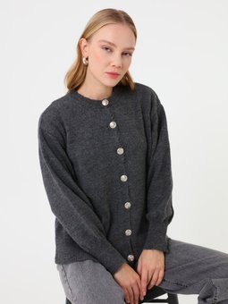 Düğme Detaylı Balon Kollu Triko Antrasit Hırka