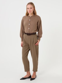 Düğme Detaylı Balon Kollu Triko Camel Hırka