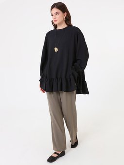 Etek Ucu Volan Detaylı Bisiklet Yaka Siyah Tunik