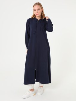 Fermuarlı Antik Lacivert Kapüşonlu Uzun