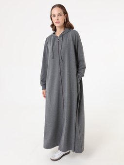 Kapüşon Detaylı Fermuarlı Spor Kap / Gri Melanj Pardesü