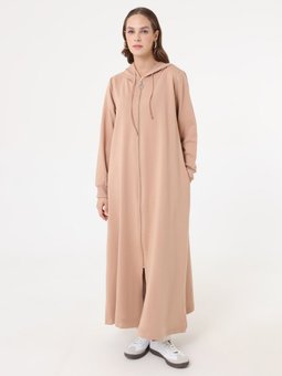 Kapüşon Detaylı Fermuarlı Spor Kap / Koyu Krem Pardesü