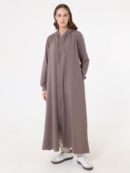 Kapüşon Detaylı Fermuarlı Spor Kap / Vizon Kahve Pardesü