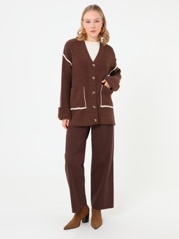 Kontrast Detaylı Triko Kahverengi Hırka