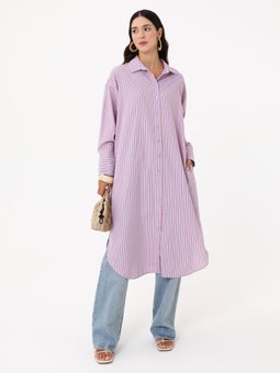Pamuklu Poplin Oversize Mavi Çizgili Gömlek Tunik