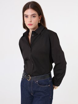 Patlı Poplin Siyah Gömlek