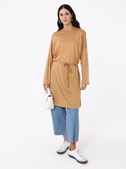 Rahat Kalıp Beli Bağlamalı Uzun Camel Tunik