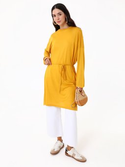 Rahat Kalıp Beli Bağlamalı Uzun Hardal Tunik