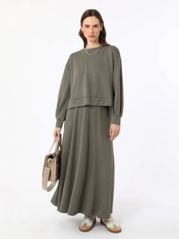 Yumuşak Dokulu Rahat Sweatshirt & Etek Haki Takım