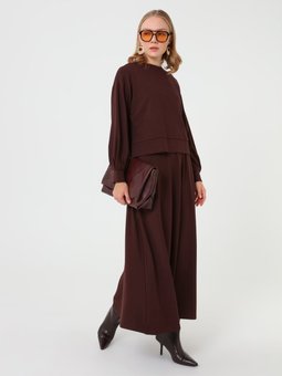 Yumuşak Dokulu Rahat Sweatshirt & Etek Kahverengi Takım