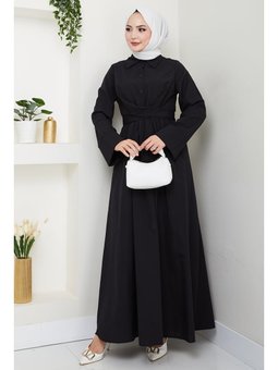 Renda Belden Bağlamalı Siyah Elbise