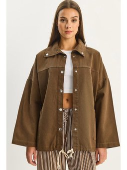 Cep Detaylı Çıtçıt Kapamalı Oversize Denim Kahverengi Ceket
