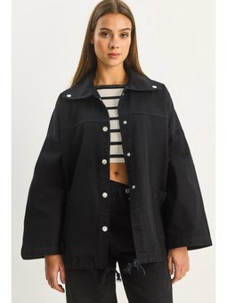 Cep Detaylı Çıtçıt Kapamalı Oversize Denim Siyah Ceket