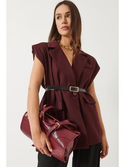 Cep Detaylı Kemerli Vatkalı Oversize Astarlı Blazer Bordo Yelek