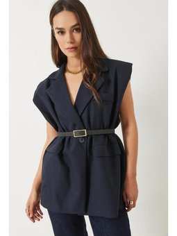 Cep Detaylı Kemerli Vatkalı Oversize Astarlı Blazer Lacivert Yelek