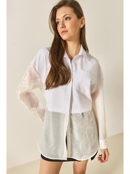 Organze Tül Detaylı Oversize Beyaz Gömlek