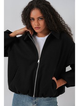 Büzgülü Oversize Kaşe Siyah Ceket