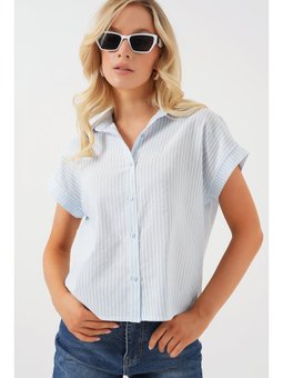 Çizgili Kısa Kol Açık Mavi Gömlek