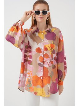 Desenli Overize Turuncu Gömlek Tunik