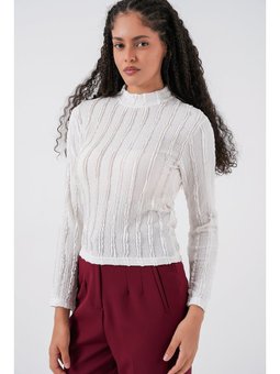 Dokulu Esnek Örme Beyaz Bluz